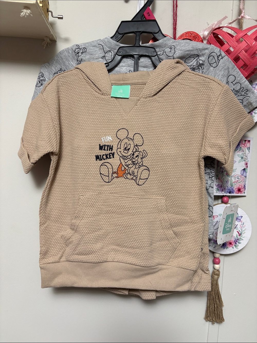 Disney Tan Short-Sleeve Waffle Hoodie with Mickey Graphic